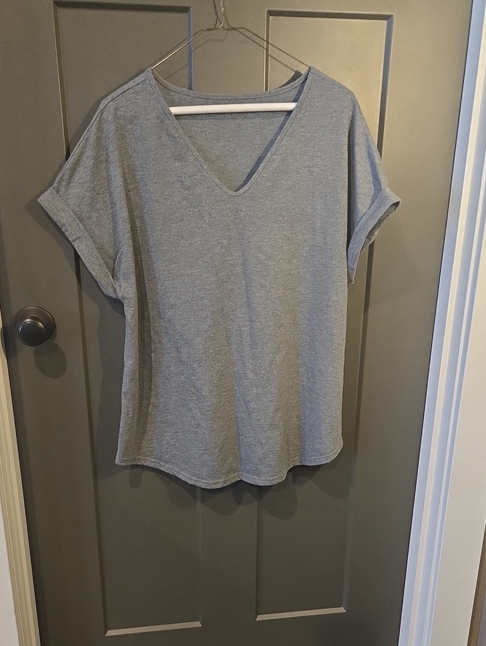 SHEIN Gray V-Neck Rolled Sleeve Tee